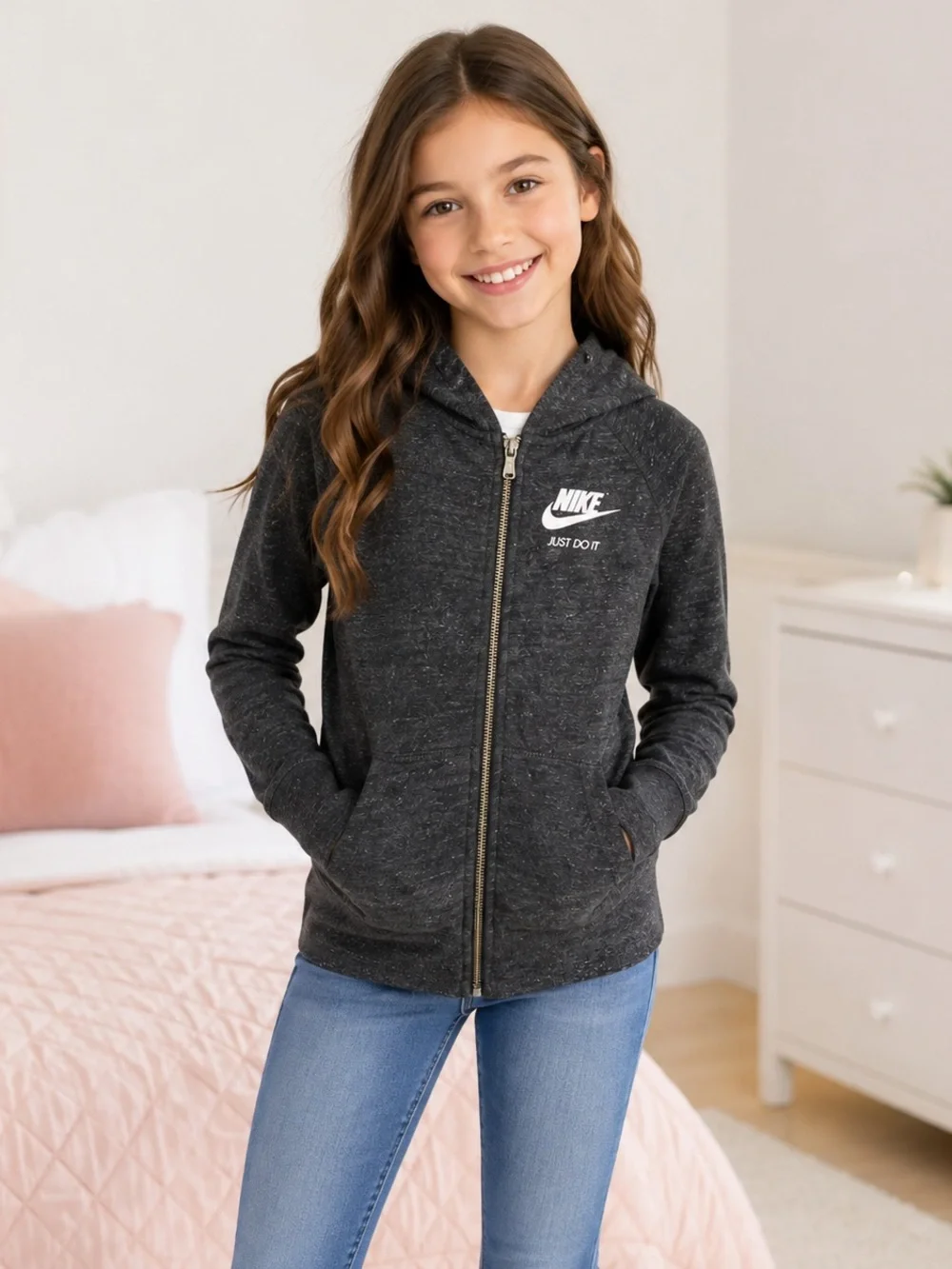 Nike Kids XS Full Zip Hoodie Jacket Charcoal Heather Just Do It Logo Lightweight